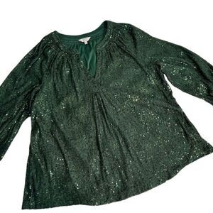 Crown & Ivy Women's Sequin Blouse Green Long Sleeve Size L Christmas Holidays